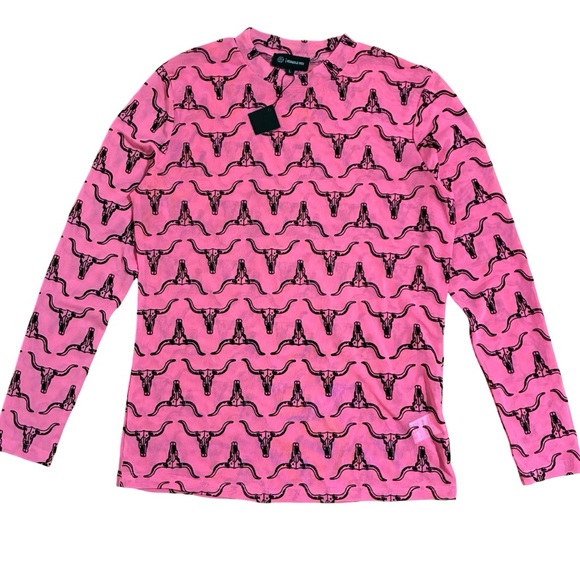 Merigold Kiss Women’s Pink Mesh Long Sleeve Cow Skull Top SZ Large Western Rodeo - Picture 1 of 10
